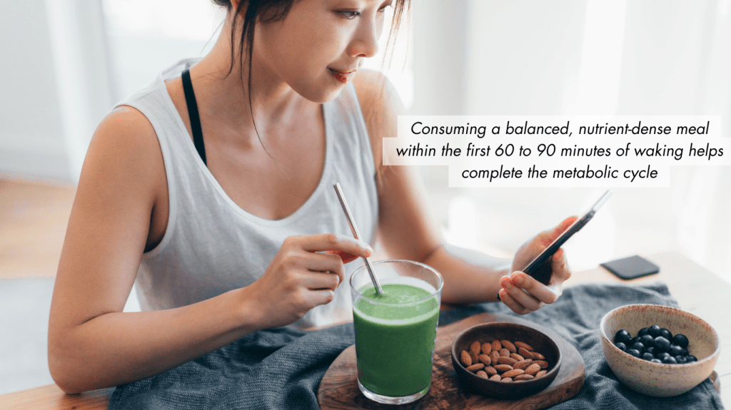 Consuming a balanced, nutrient-dense meal within the first 60 to 90 minutes of waking helps complete the metabolic cycle and signals to your body that it can safely exit the "fight or flight" mode.